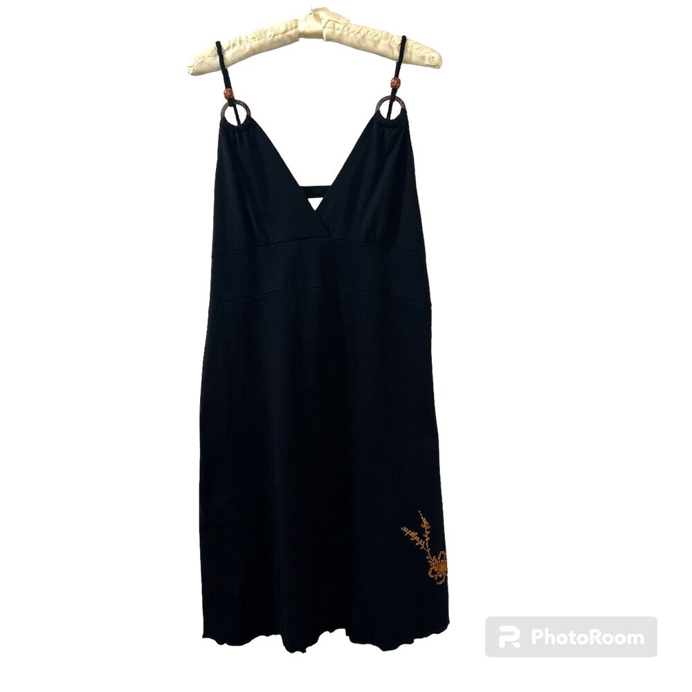Arli Womens Black Floral Sundress XL Cotton Blend Wood Ring Strap Boho Mexico